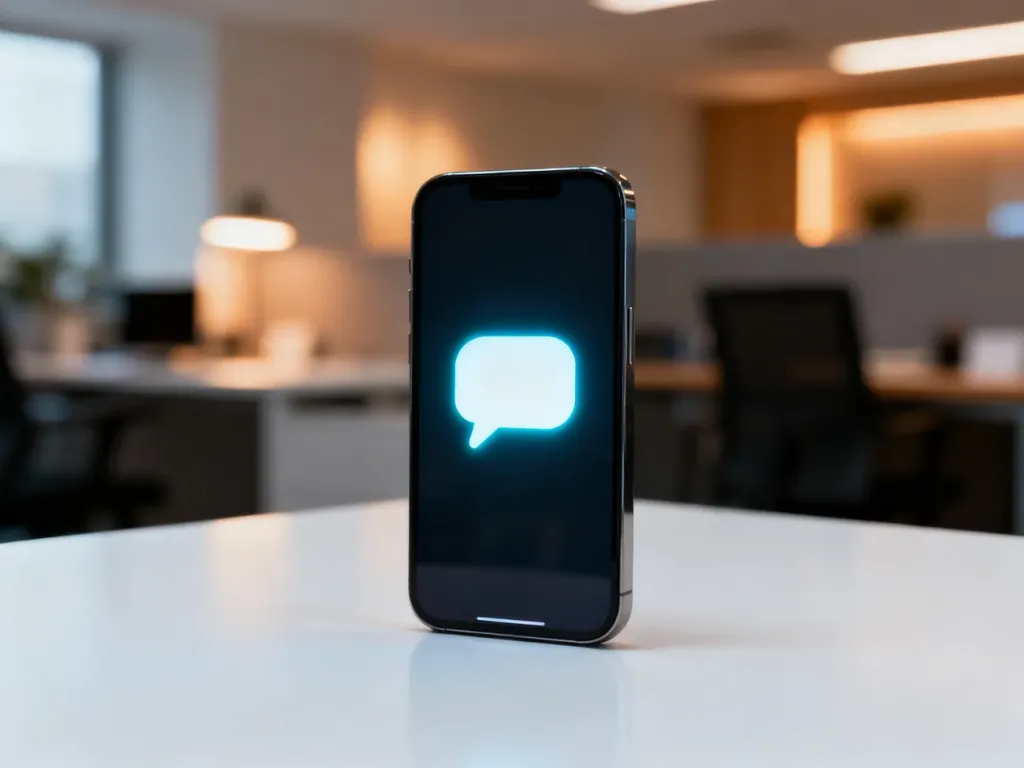 Nowoczesny smartfon z ikoną czatu na ekranie, symbolizujący dostęp do narzędzi AI w profesjonalnym biurowym otoczeniu.