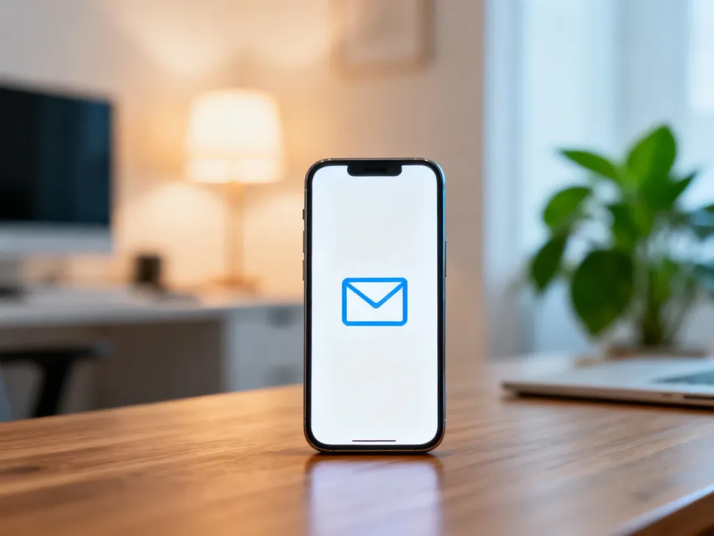 Nowoczesny smartfon z ikoną poczty e-mail na ekranie, leżący na biurku w przytulnym domowym biurze.