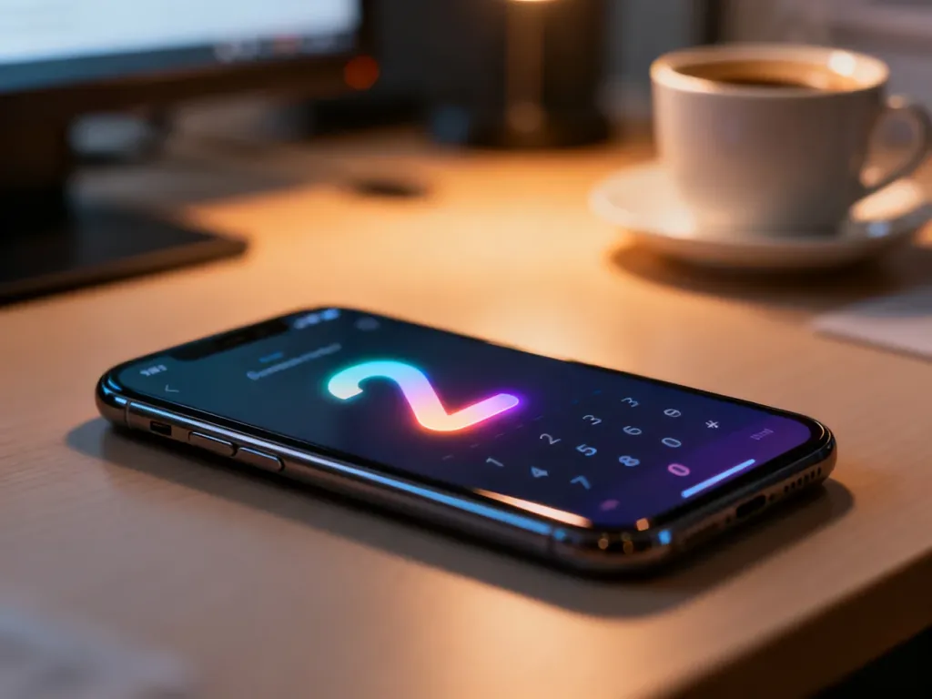Nowoczesny smartfon z wyświetlonym cyfrowym generatorem liczb na ekranie, leżący na biurku w biurowym otoczeniu.