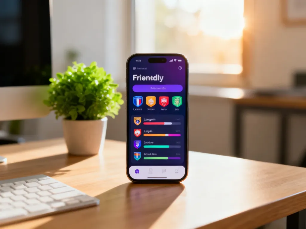 Smartfon z otwartą aplikacją Duolingo na drewnianym biurku w przytulnym domowym biurze.