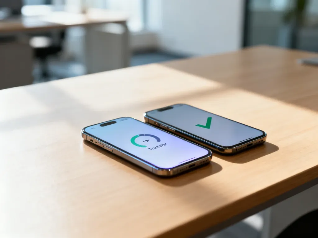 Dwa smartfony leżące obok siebie na biurku, symbolizujące proces przesyłania danych między systemami Android i iOS.