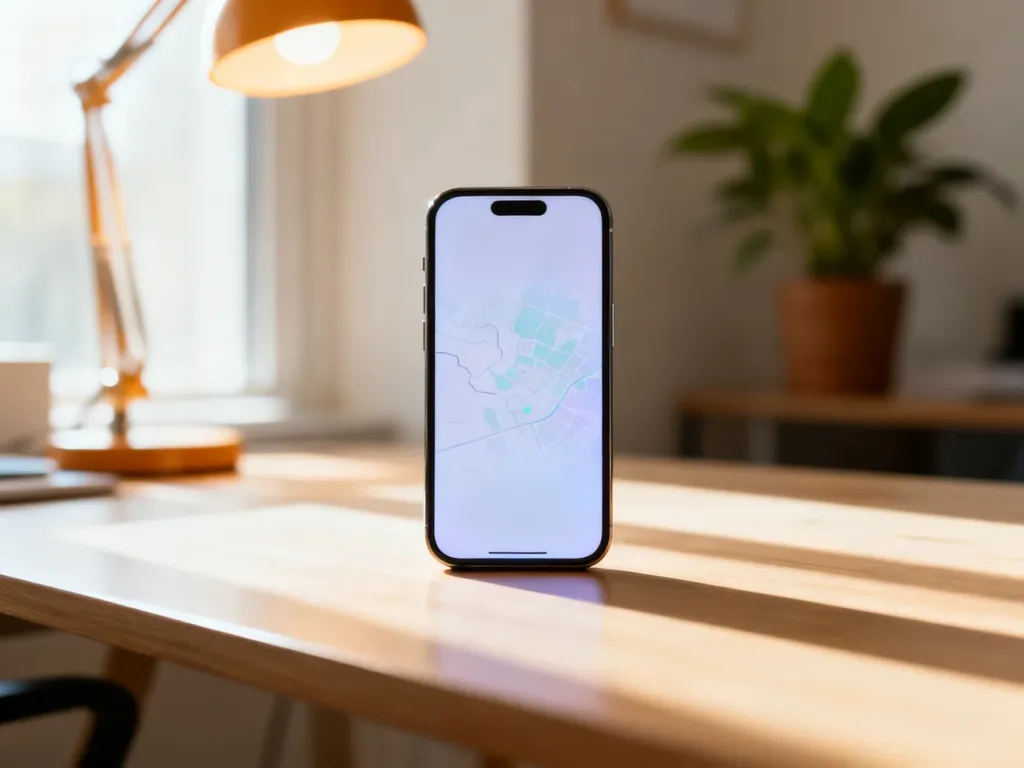 Nowoczesny smartfon z interfejsem mapy na ekranie, leżący na minimalistycznym biurku w domowym biurze.