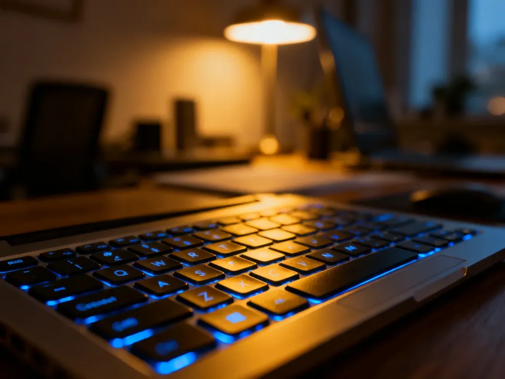 Nowoczesna klawiatura laptopa Lenovo z włączonym niebieskim podświetleniem w przytulnym domowym biurze.