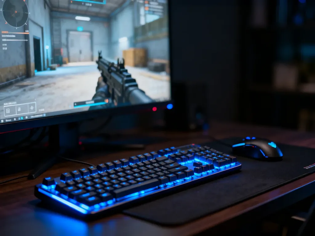 Nowoczesne stanowisko gracza z podświetlaną klawiaturą i myszką przed monitorem z grą typu FPS.