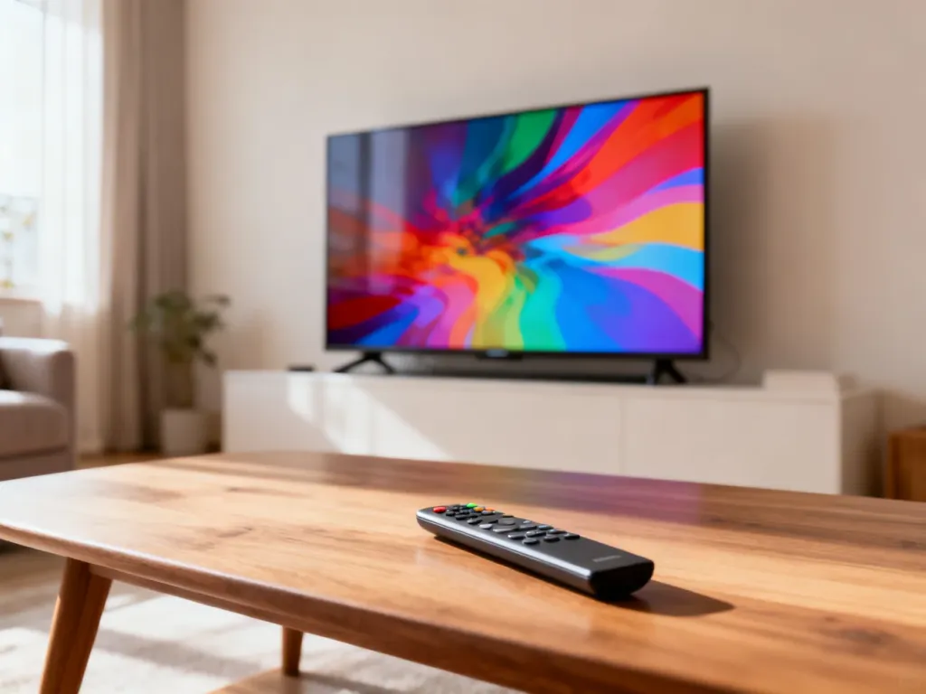 Nowoczesny salon z telewizorem i pilotem na stoliku, ilustrujący odbiór darmowej telewizji naziemnej.