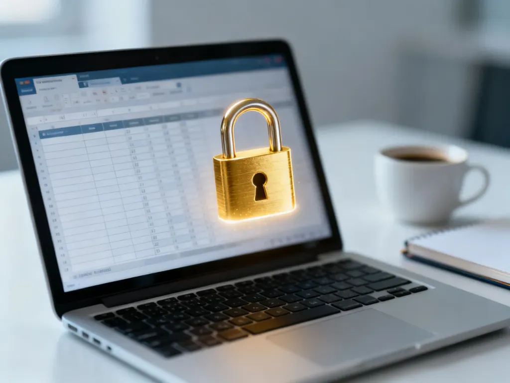 Złota kłódka na ekranie laptopa z arkuszem kalkulacyjnym, symbolizująca zabezpieczenie pliku Excel hasłem.
