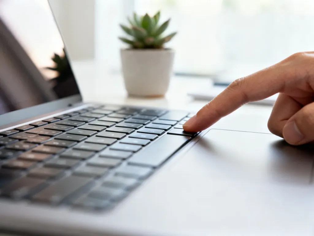 Dłoń naciskająca klawisz na nowoczesnym laptopie w jasnym, minimalistycznym biurze.