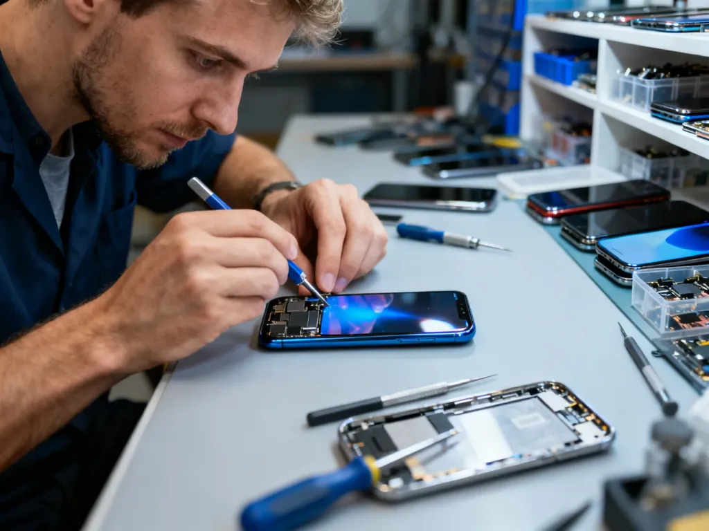 Technik naprawia nowoczesny smartfon na czystym stanowisku, w tle półki z częściami – profesjonalny serwis w Poznaniu.