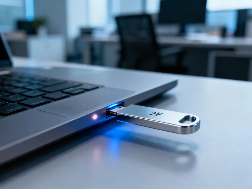 Nowoczesny klucz bezpieczeństwa U2F wpięty do portu USB laptopa, sygnalizujący gotowość do uwierzytelnienia użytkownika.
