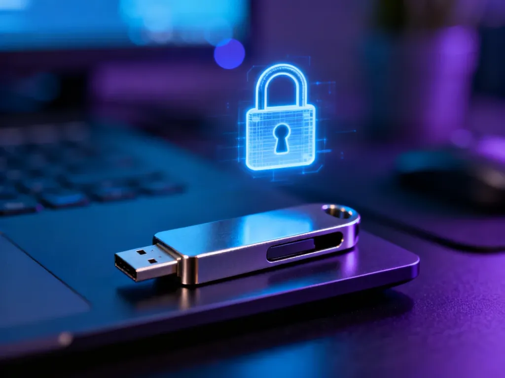 Metalowy pendrive na ciemnym biurku z hologramem kłódki, symbolizujący szyfrowanie i bezpieczeństwo danych.