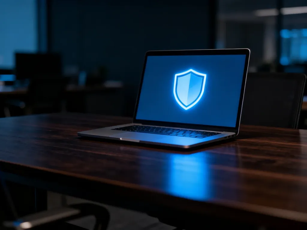 Nowoczesny laptop z ikoną tarczy na ekranie, symbolizujący ochronę danych i prywatność w sieci na profesjonalnym biurku.