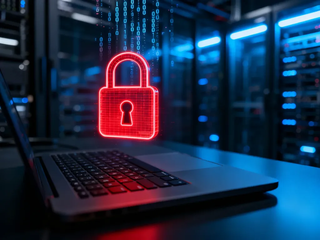 Świecąca czerwona kłódka nad klawiaturą laptopa, symbolizująca zagrożenie atakiem typu ransomware i ochronę danych.