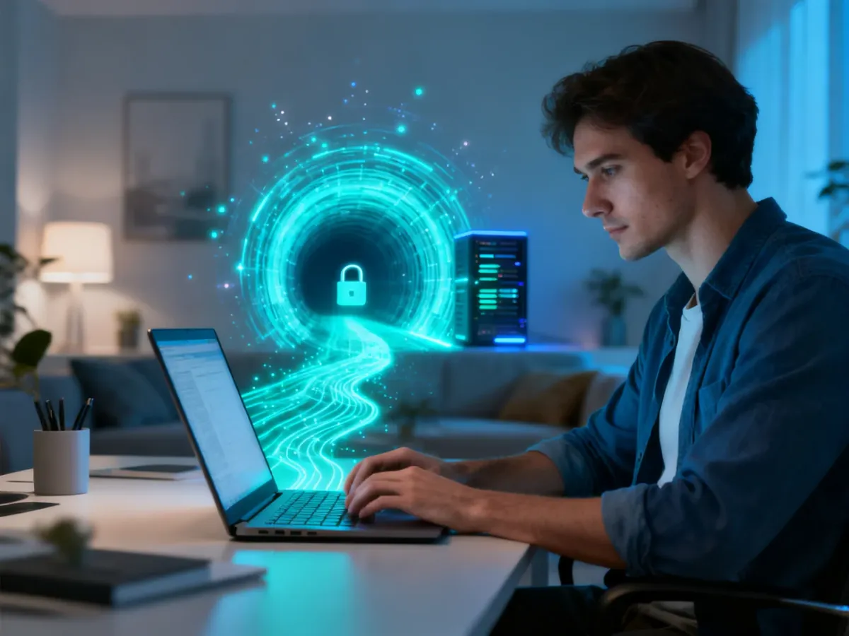 Laptop connected through a secure VPN tunnel to a remote server