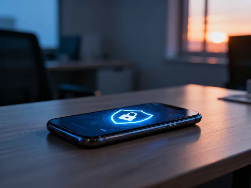 Smartfon z ikoną tarczy i kłódki na ekranie, symbolizujący bezpieczeństwo i ochronę danych w autoryzacji dwuskładnikowej.