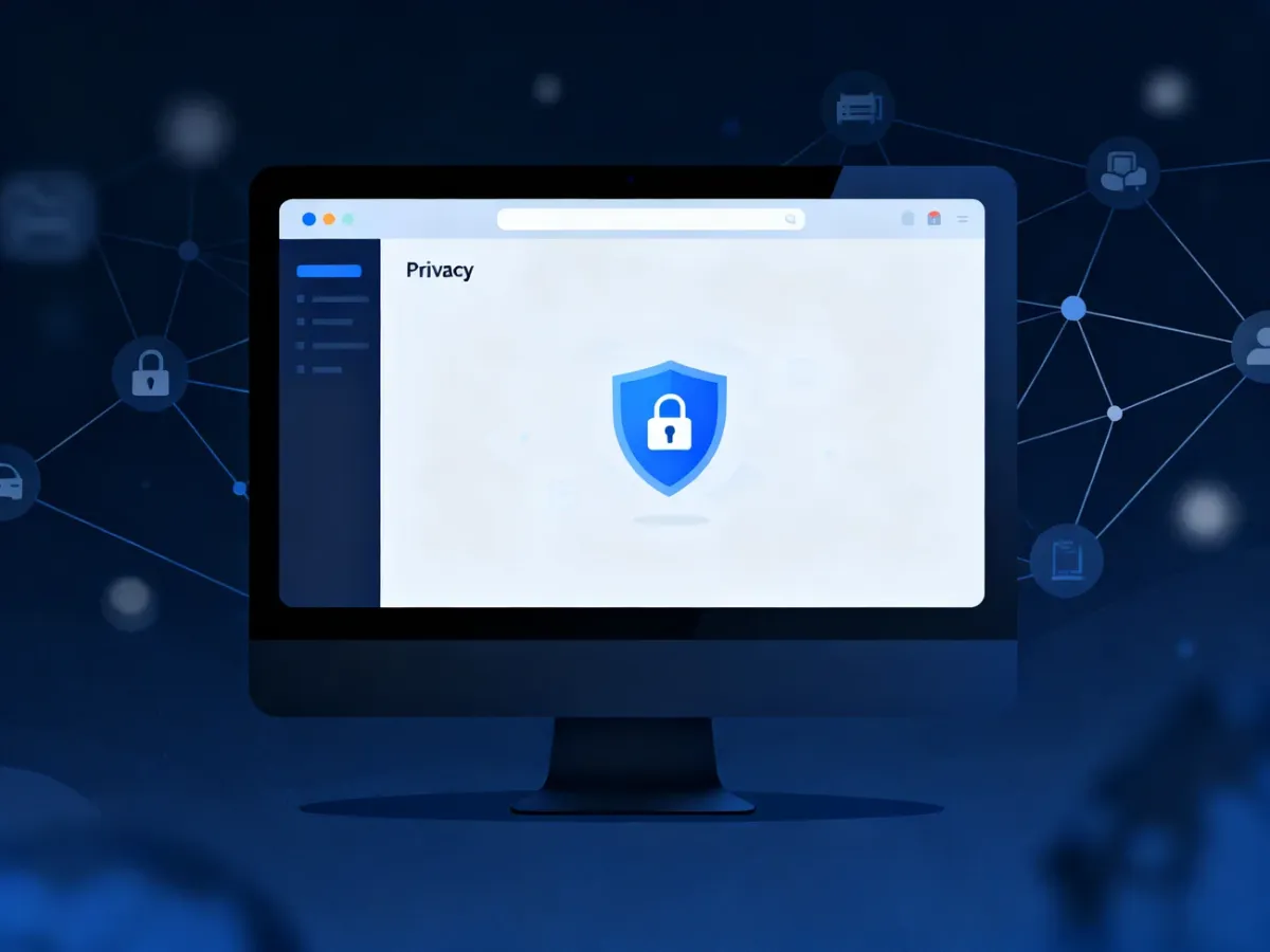 Komputer z przeglądarką internetową i symbolami ochrony prywatności