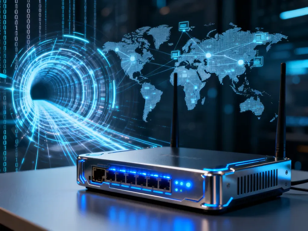 Futurystyczny router i cyfrowa wizualizacja bezpiecznego połączenia sieciowego z globalną mapą serwerów.