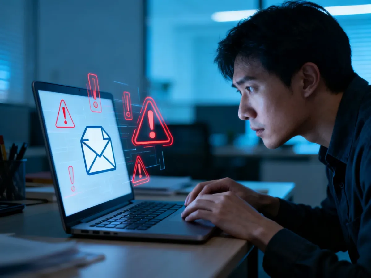 Użytkownik analizujący podejrzaną wiadomość e-mail na laptopie