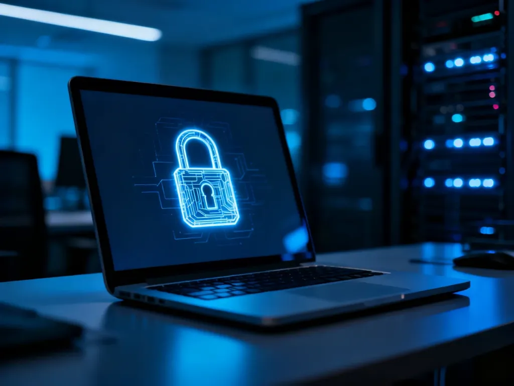 Nowoczesny laptop z ikoną kłódki na ekranie, symbolizującą szyfrowanie danych i bezpieczeństwo dysku BitLocker.