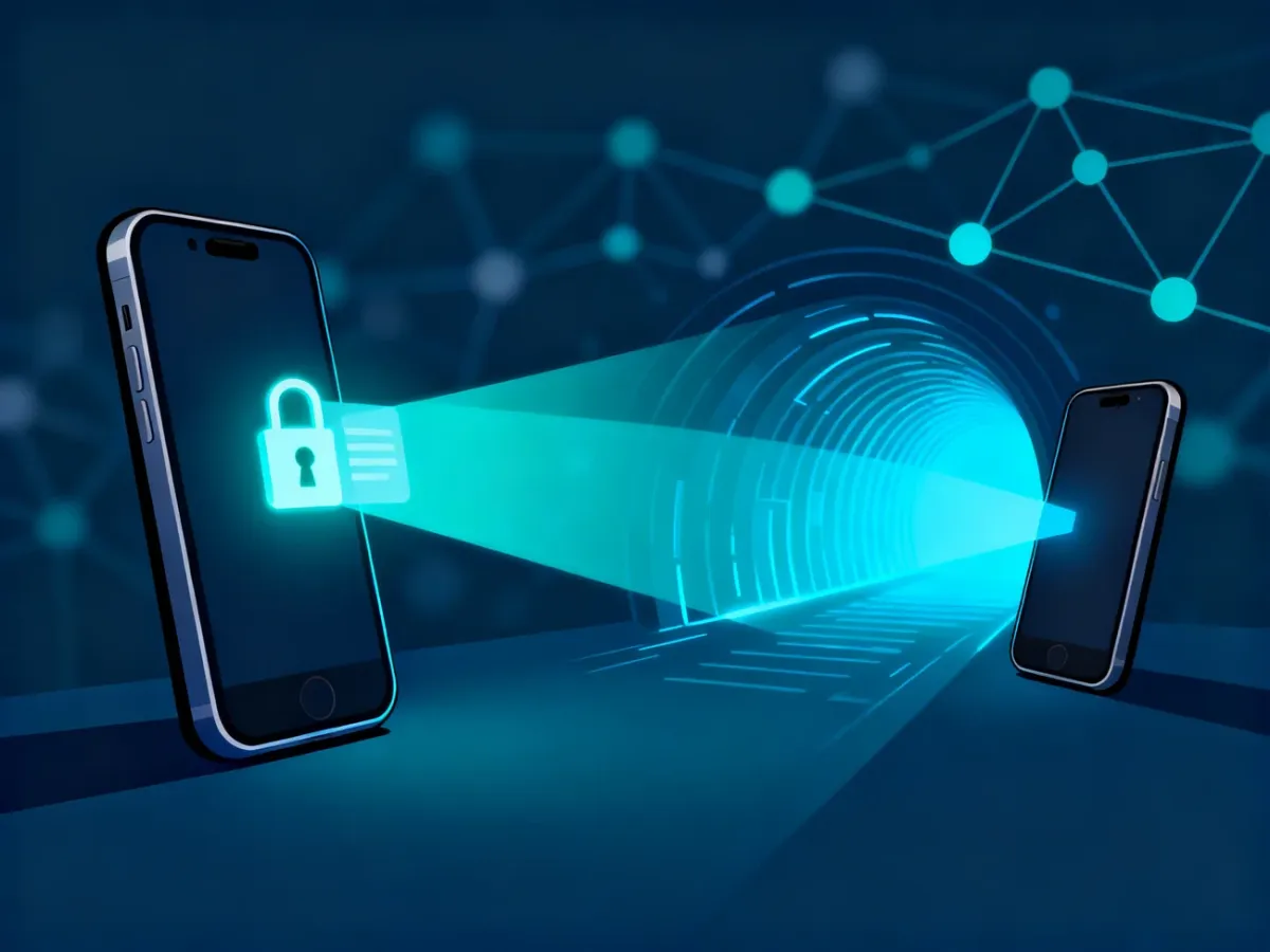 Dwa smartfony przesyłające zaszyfrowaną wiadomość bezpośrednio między urządzeniami