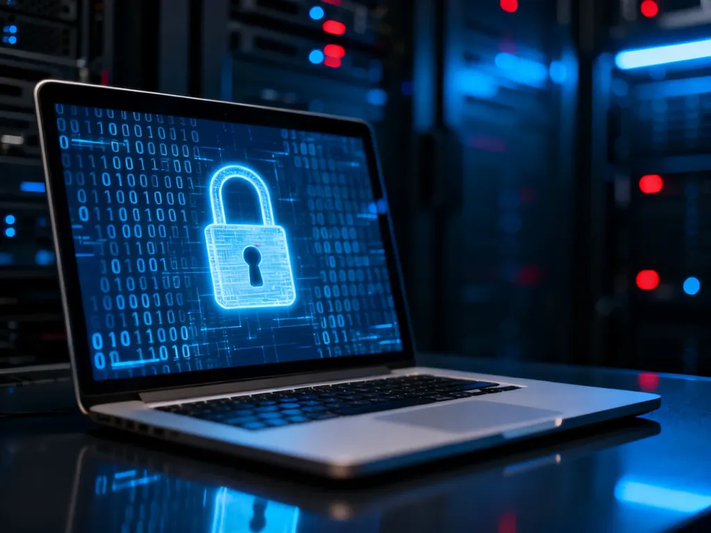Nowoczesny laptop z cyfrową kłódką i kodem binarnym na tle serwerowni, symbolizujący ochronę przed atakami ransomware.