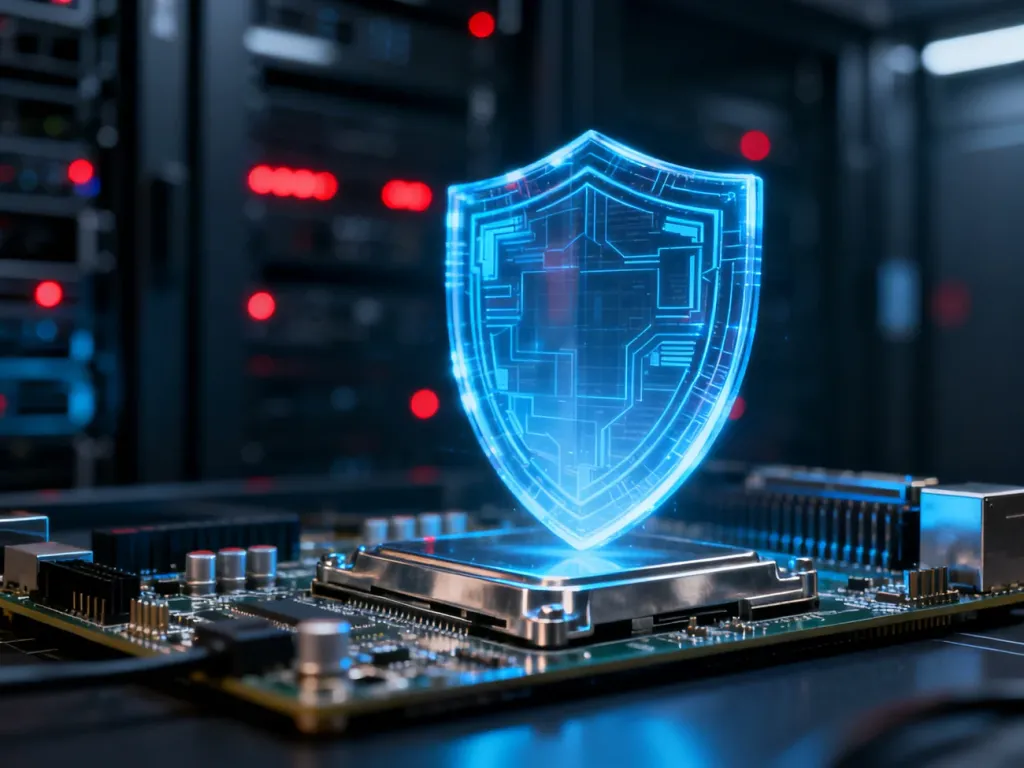 Cyfrowa tarcza chroniąca płytę główną komputera przed cyberzagrożeniami w serwerowni.