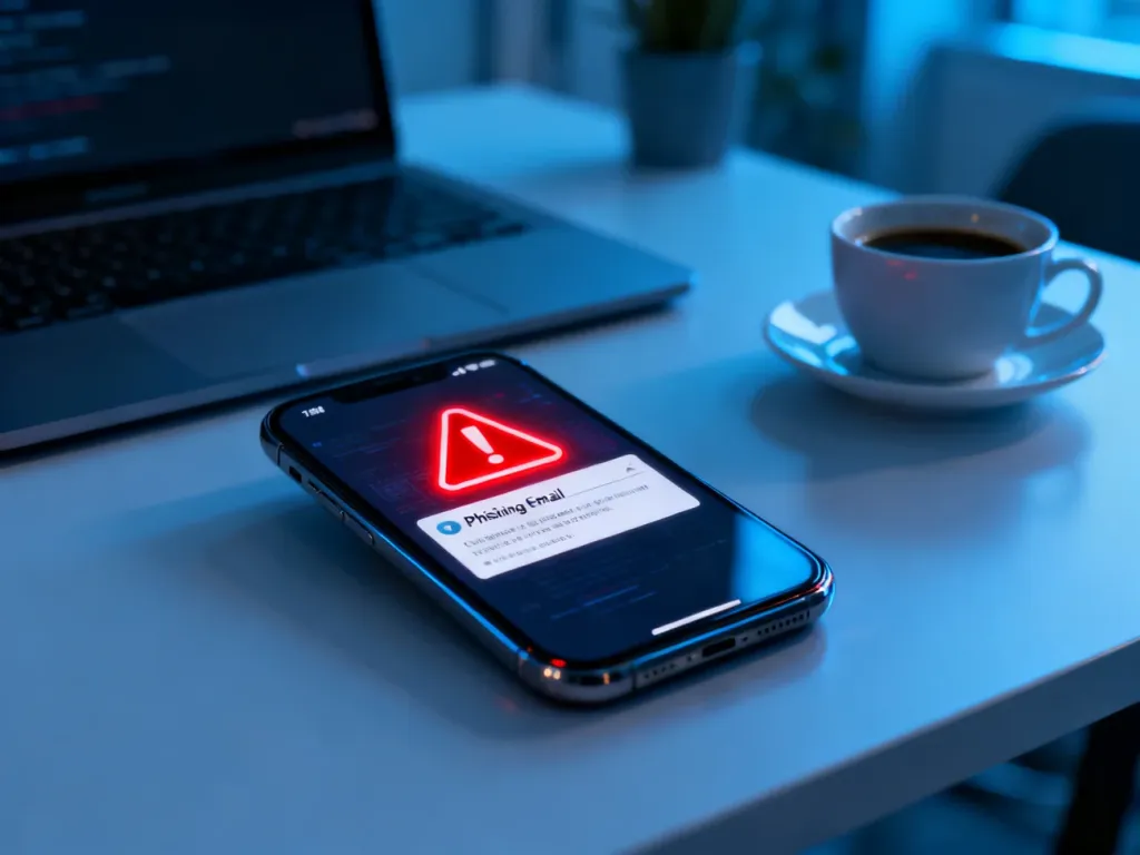 Smartfon z czerwoną ikoną ostrzegawczą na powiadomieniu o podejrzanej wiadomości e-mail, symbolizujący zagrożenie phishingiem.