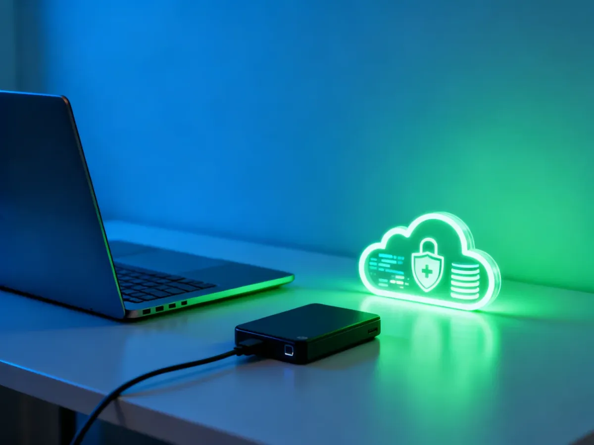 Laptop with disconnected external drive and secure cloud backup representing the 3-2-1 backup strategy