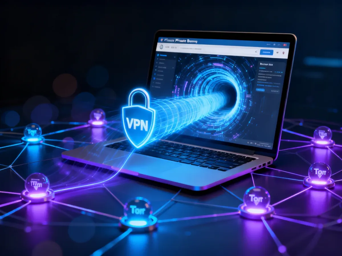 Laptop przedstawiający tryb prywatny, VPN i sieć Tor