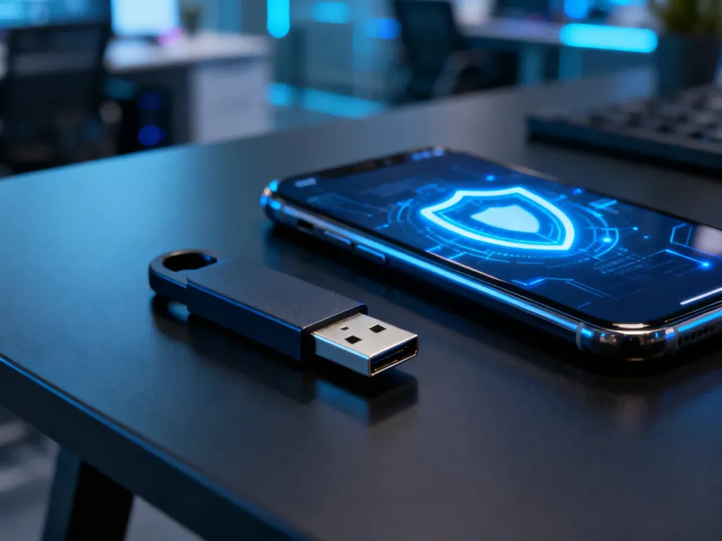 Klucz bezpieczeństwa USB obok smartfona z ikoną tarczy, prezentujące nowoczesne metody uwierzytelniania dwuskładnikowego.