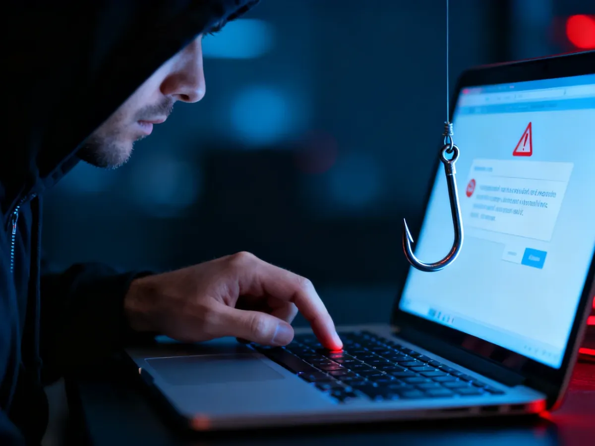 Osoba zatrzymująca się przed kliknięciem podejrzanej wiadomości na laptopie