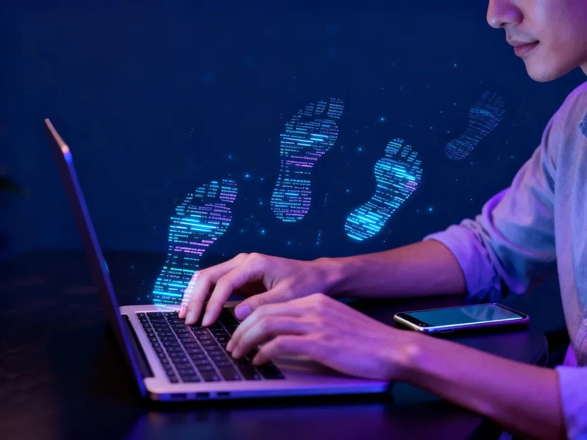 Osoba korzystająca z laptopa i smartfona wśród symbolicznych śladów danych
